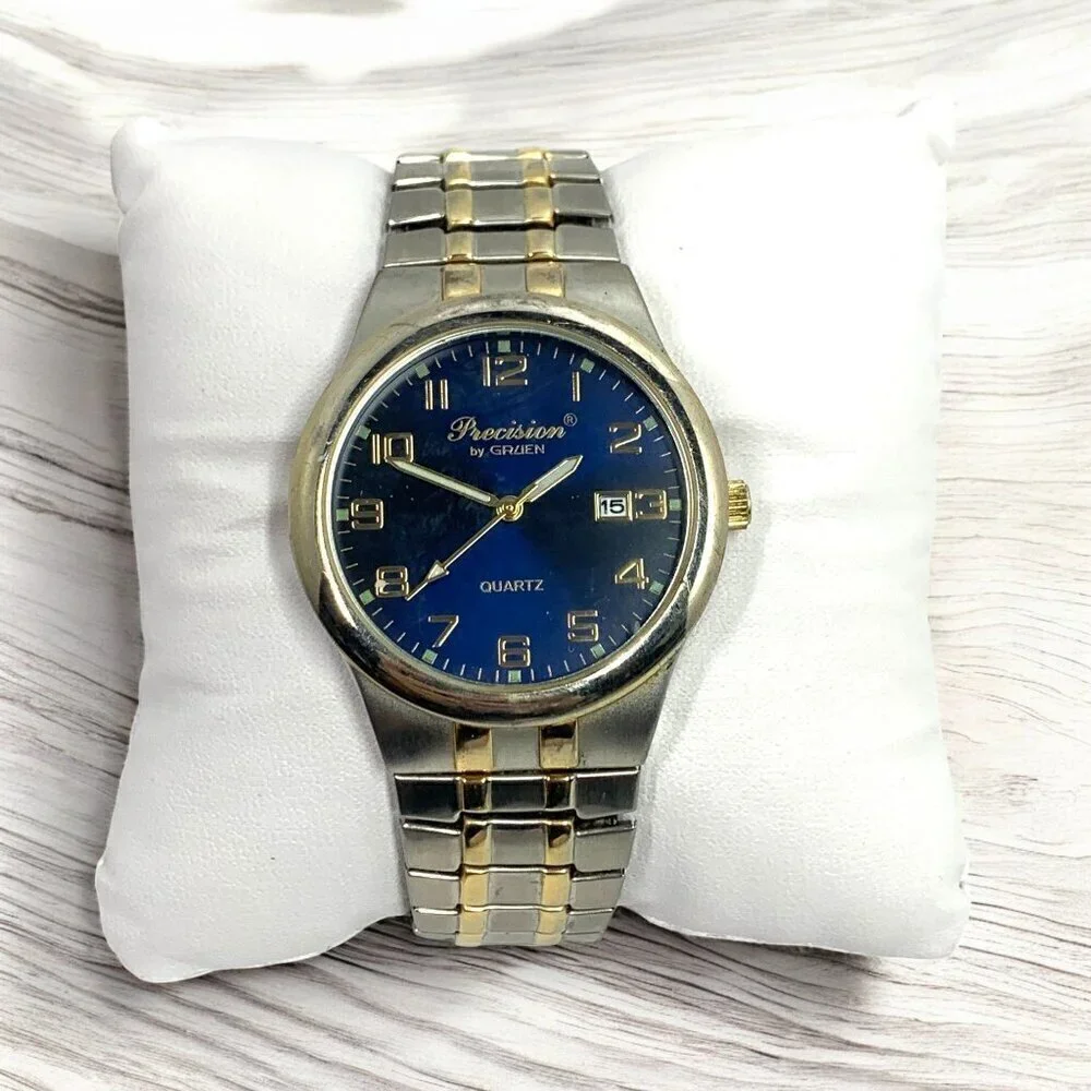 Precision By Gruen Mens Quartz Watch Blue Dial Two-Tone Stainless Steel Bracelet